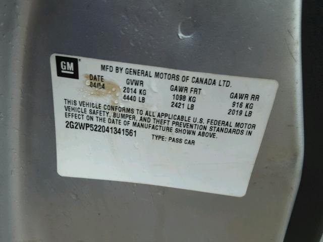 2G2WP522041341561 - 2004 PONTIAC GRAND PRIX SILVER photo 10