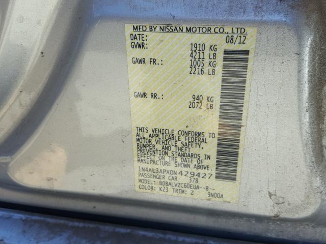 1N4AL3APXDN429427 - 2013 NISSAN ALTIMA SILVER photo 10