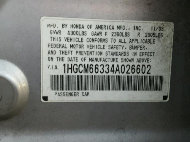 1HGCM66334A026602 - 2004 HONDA ACCORD LX SILVER photo 10