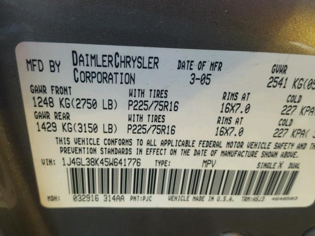 1J4GL38K45W641776 - 2005 JEEP LIBERTY RE TAN photo 10