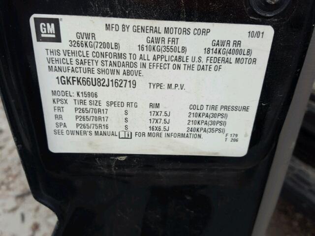 1GKFK66U82J162719 - 2002 GMC DENALI XL BLACK photo 10