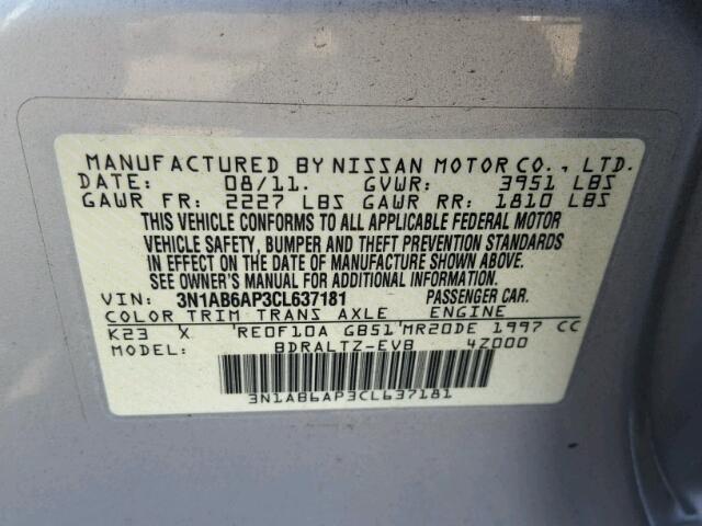 3N1AB6AP3CL637181 - 2012 NISSAN SENTRA 2.0 SILVER photo 10