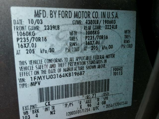 1FMYU03164KB19687 - 2004 FORD ESCAPE XLT CHARCOAL photo 10