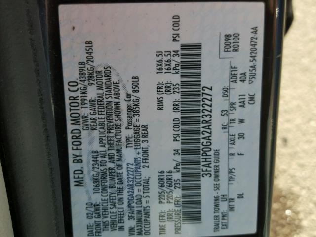 3FAHP0GA2AR322272 - 2010 FORD FUSION S BLACK photo 10