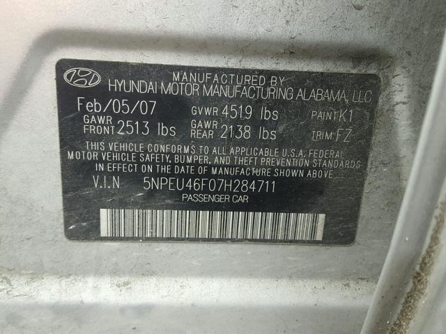 5NPEU46F07H284711 - 2007 HYUNDAI SONATA SE SILVER photo 10