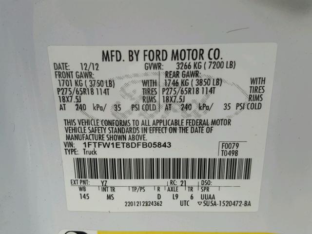 1FTFW1ET8DFB05843 - 2013 FORD F150 WHITE photo 10