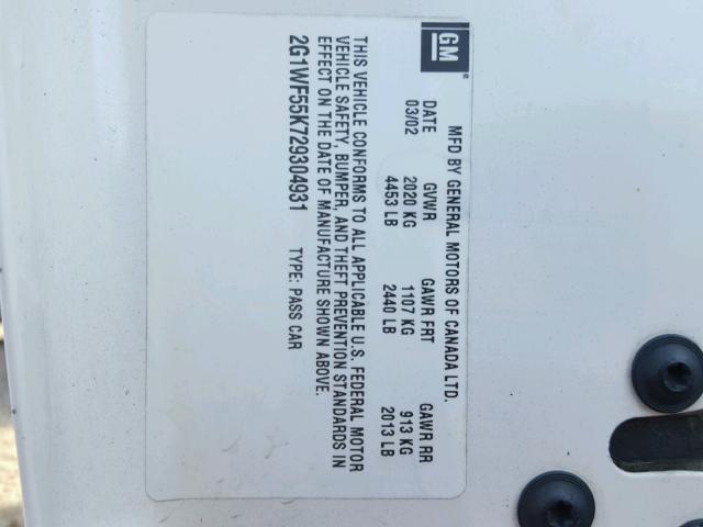 2G1WF55K729304931 - 2002 CHEVROLET IMPALA 白色 照片 10