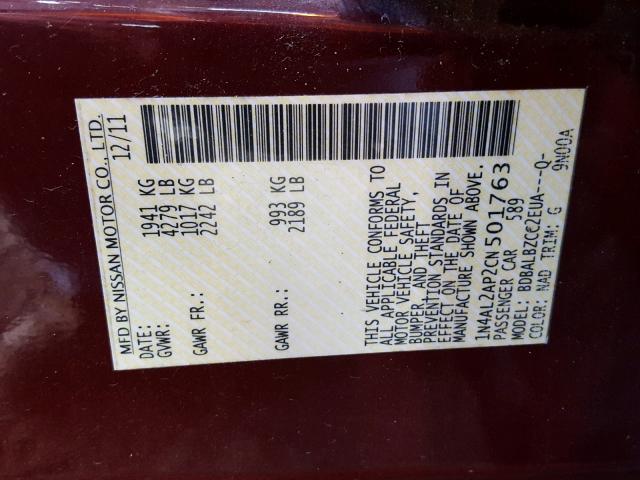 1N4AL2AP2CN501763 - 2012 NISSAN ALTIMA BAS MAROON photo 10