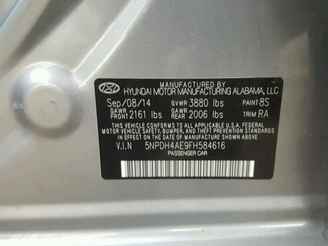 5NPDH4AE9FH584616 - 2015 HYUNDAI ELANTRA SE SILVER photo 10