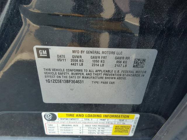1G1ZC5E13BF364631 - 2011 CHEVROLET MALIBU 1LT 黑色 照片 10