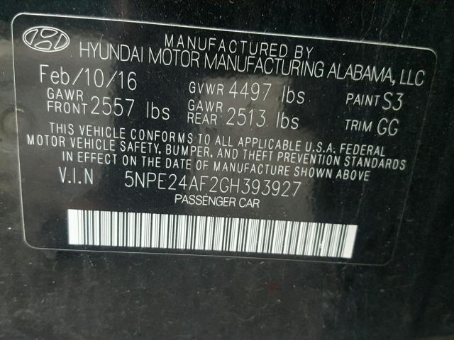 5NPE24AF2GH393927 - 2016 HYUNDAI SONATA SE BLACK photo 10