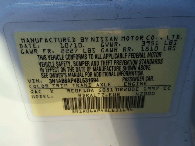 3N1AB6AP4BL631694 - 2011 NISSAN SENTRA WHITE photo 10