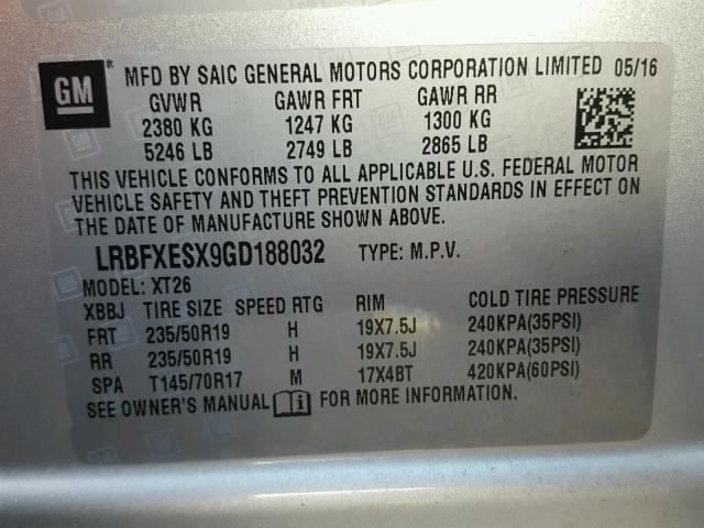 LRBFXESX9GD188032 - 2016 BUICK ENVISION P SILVER photo 10