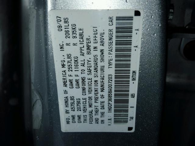 1HGCP36858A007203 - 2008 HONDA ACCORD EXL SILVER photo 10