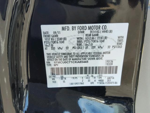 1FMCU0C71CKA85445 - 2012 FORD ESCAPE XLS BLACK photo 10