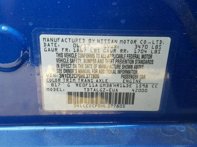 3N1CE2CP0HL377805 - 2017 NISSAN VERSA NOTE BLUE photo 10