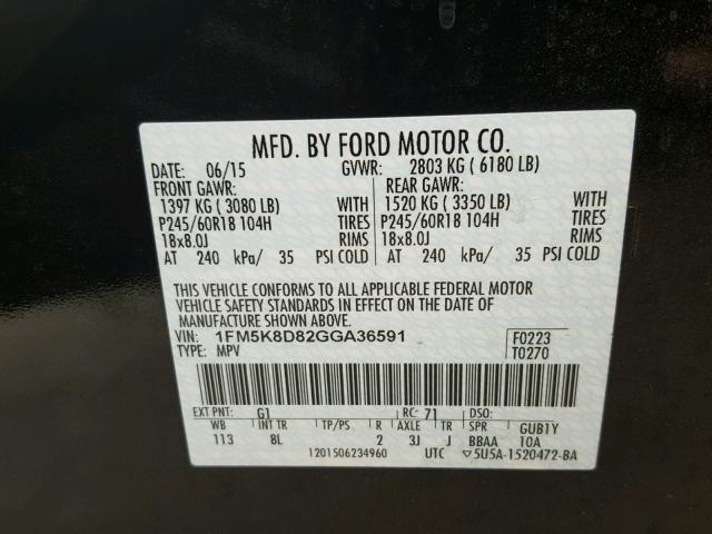 1FM5K8D82GGA36591 - 2016 FORD EXPLORER X BLACK photo 10