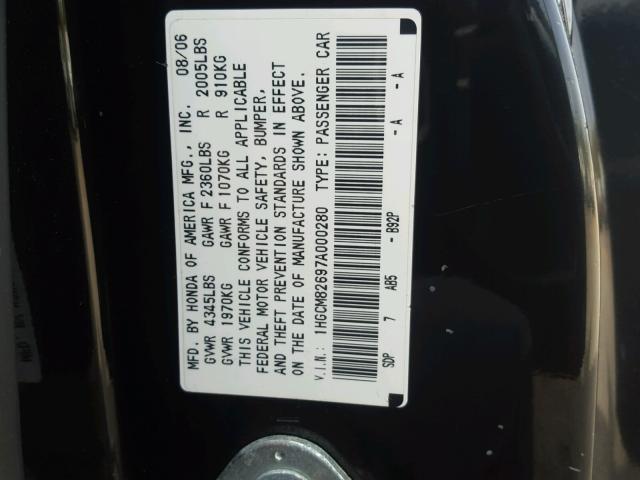 1HGCM82697A000280 - 2007 HONDA ACCORD BLACK photo 10