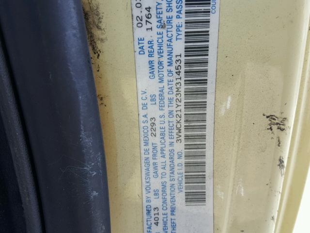 3VWCK21Y23M314531 - 2003 VOLKSWAGEN NEW BEETLE 黄色 照片 10