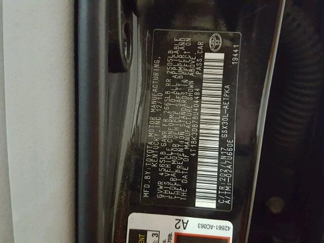 4T1BK3DB7BU404484 - 2011 TOYOTA AVALON BAS BLACK photo 10