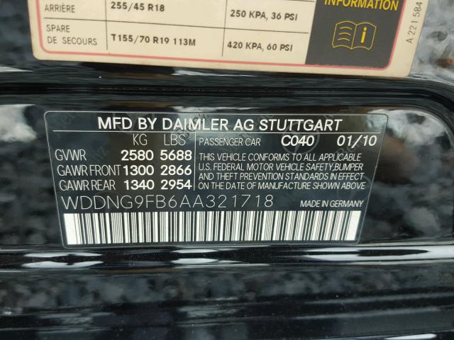 WDDNG9FB6AA321718 - 2010 MERCEDES-BENZ S BLACK photo 10