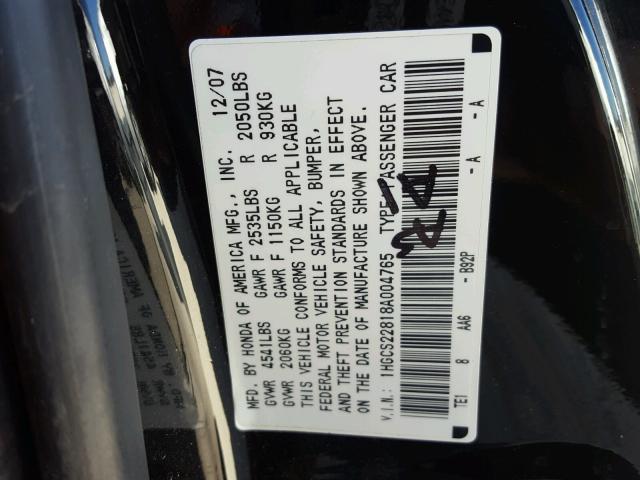 1HGCS22818A004765 - 2008 HONDA ACCORD EXL BLACK photo 10