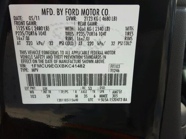 1FMCU9EGXBKC41482 - 2011 FORD ESCAPE LIM BLACK photo 10