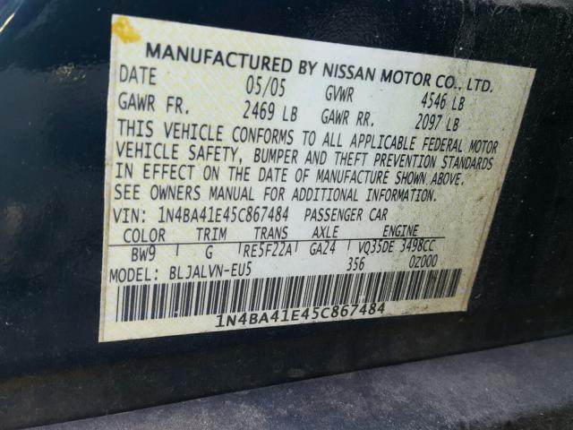 1N4BA41E45C867484 - 2005 NISSAN MAXIMA SE BLUE photo 10