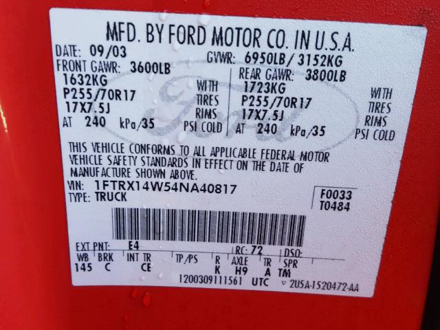 1FTRX14W54NA40817 - 2004 FORD F150 RED photo 10