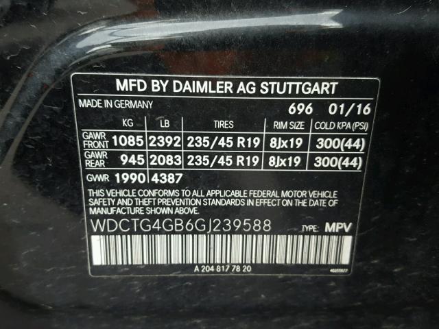 WDCTG4GB6GJ239588 - 2016 MERCEDES-BENZ GLA 250 4M BLACK photo 10