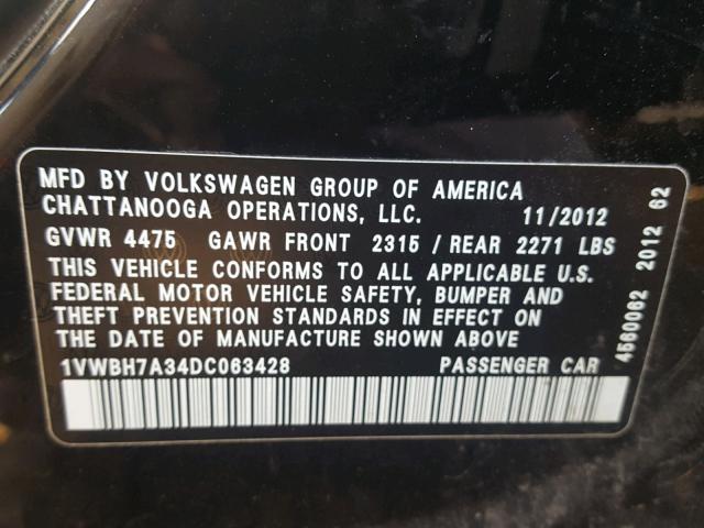 1VWBH7A34DC063428 - 2013 VOLKSWAGEN PASSAT SE BLACK photo 10