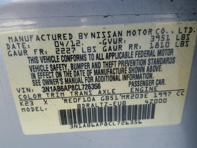 3N1AB6AP8CL726356 - 2012 NISSAN SENTRA SILVER photo 10