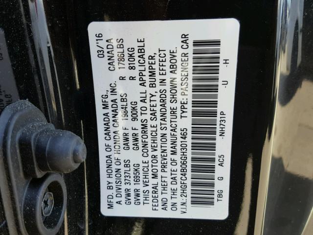 2HGFC4B06GH301465 - 2016 HONDA CIVIC BLACK photo 10