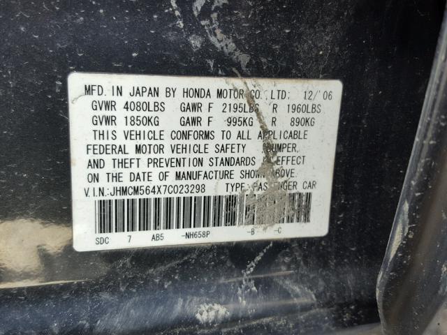 JHMCM564X7C023298 - 2007 HONDA ACCORD LX BLUE photo 10