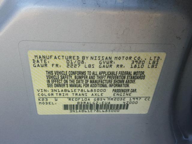 3N1AB61E78L685000 - 2008 NISSAN SENTRA 2.0 SILVER photo 10