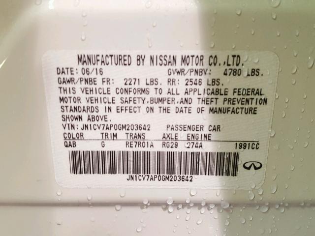 JN1CV7AP0GM203642 - 2016 INFINITI Q50 WHITE photo 10