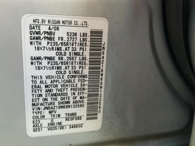 JN8AZ18W69W132560 - 2009 NISSAN MURANO S SILVER photo 10