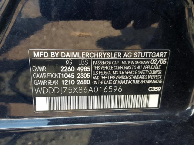 WDDDJ75X86A016596 - 2006 MERCEDES-BENZ CLS 500C BLACK photo 10