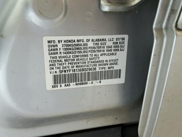 5FNYF18136B029636 - 2006 HONDA PILOT LX SILVER photo 10