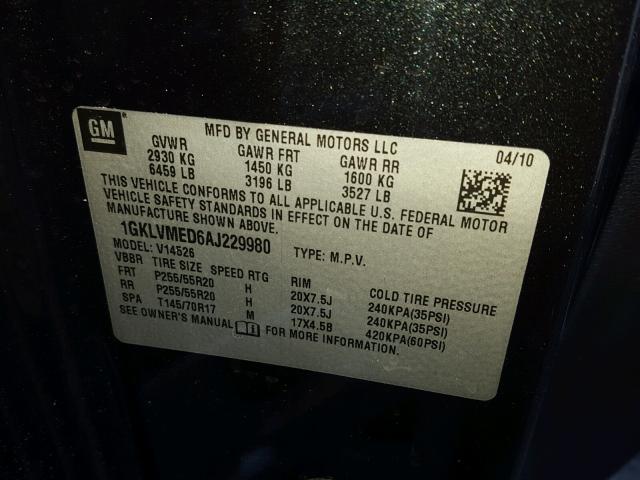 1GKLVMED6AJ229980 - 2010 GMC ACADIA SLT CHARCOAL photo 10