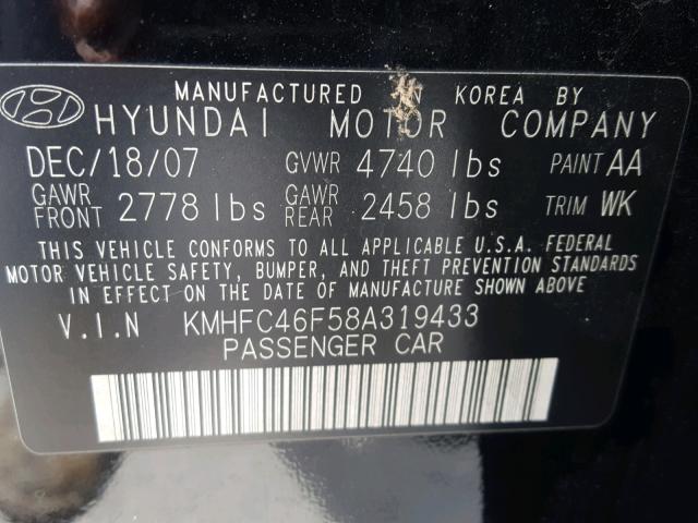 KMHFC46F58A319433 - 2008 HYUNDAI AZERA SE BLACK photo 10