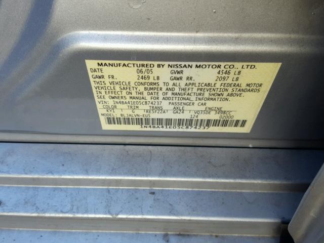 1N4BA41E05C874237 - 2005 NISSAN MAXIMA SE SILVER photo 10