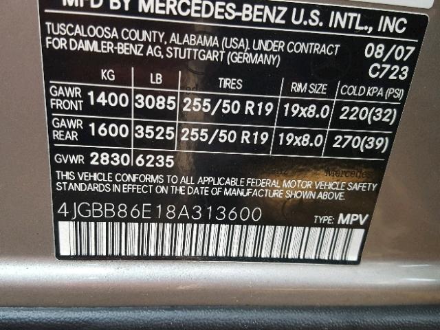 4JGBB86E18A313600 - 2008 MERCEDES-BENZ ML 350 GOLD photo 10