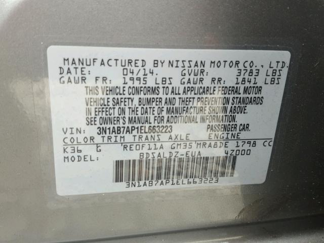 3N1AB7AP1EL663223 - 2014 NISSAN SENTRA S SILVER photo 10