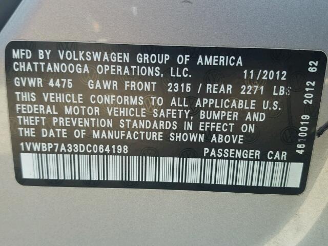 1VWBP7A33DC064198 - 2013 VOLKSWAGEN PASSAT SE SILVER photo 10
