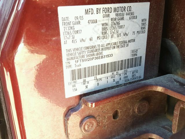 1FTSW20P36EB31533 - 2006 FORD F250 SUPER RED photo 10