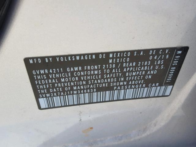 3VW2K7AJ1FM346838 - 2015 VOLKSWAGEN JETTA BASE 银色 照片 10
