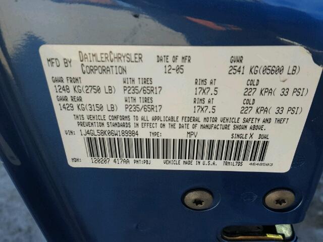 1J4GL58K06W189984 - 2006 JEEP LIBERTY LI BLUE photo 10