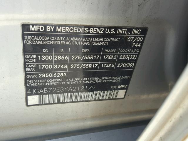 4JGAB72E3YA212179 - 2000 MERCEDES-BENZ ML 430 SILVER photo 10