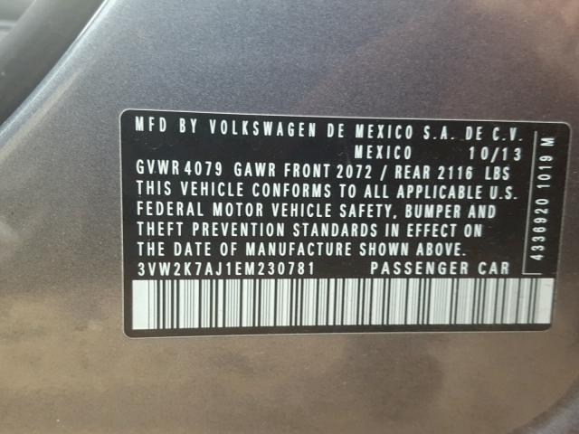 3VW2K7AJ1EM230781 - 2014 VOLKSWAGEN JETTA BASE 石墨色 照片 10